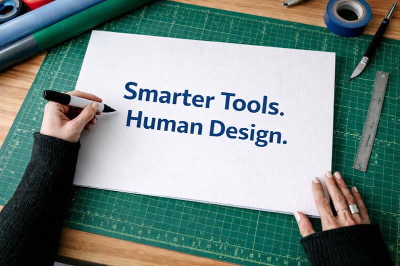 An image of a person writing, "Smarter Tools. Human Design." on a sheet of paper.